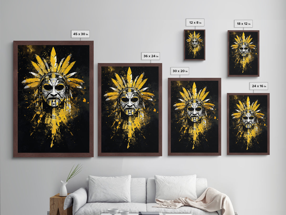 Aztec Skull Mask Metallic Gold Metal Print, Ancient Tribal Face Art, Bold Splatter Style Wall Decor, Real Wood Frame