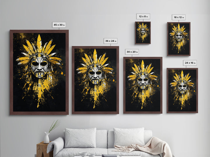 Aztec Skull Mask Metallic Gold Metal Print, Ancient Tribal Face Art, Bold Splatter Style Wall Decor, Real Wood Frame