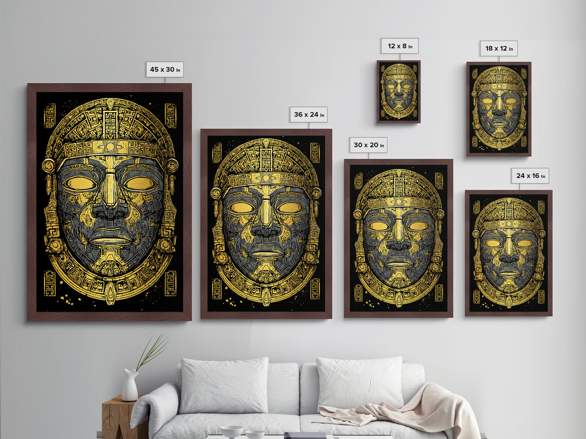 Aztec Warrior Sun Mask Metallic Gold Metal Print, Ornate Tribal Face Artwork, Ancient Ethnic Wall Decor, Real Wood Frame