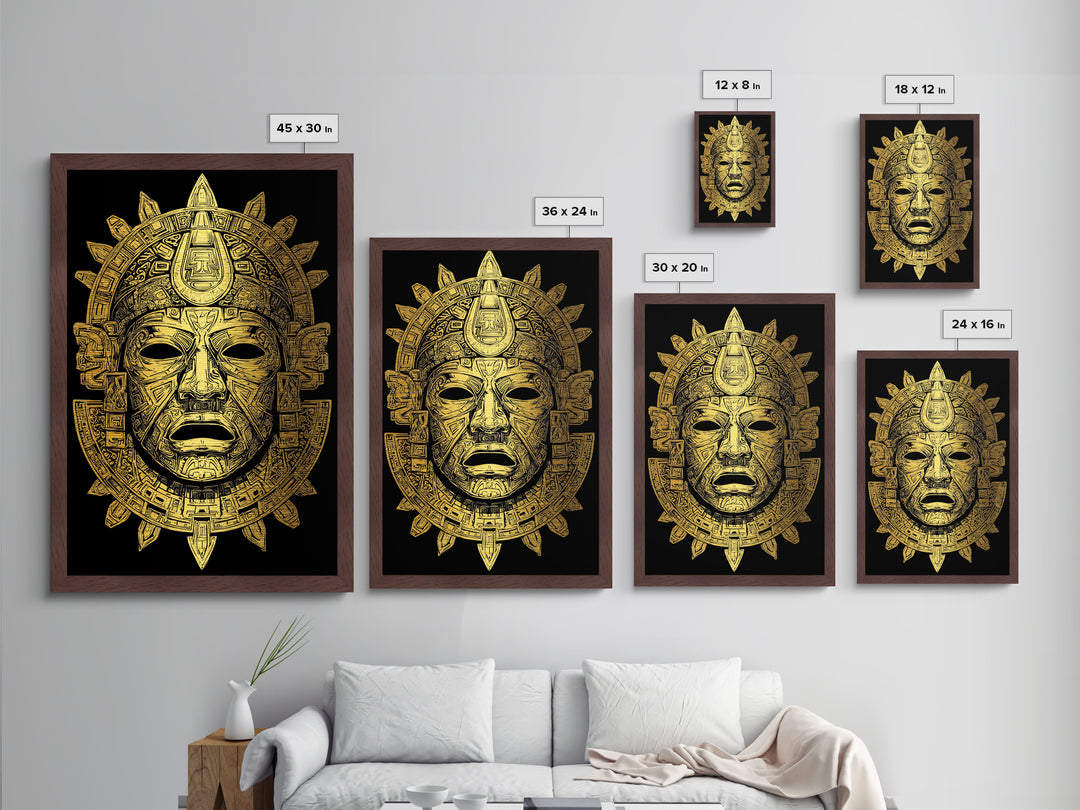 Aztec Deity Mask Metallic Gold Metal Print, Ornate Tribal Face Artwork, Ancient Cultural Wall Hanging, Real Wood Frame