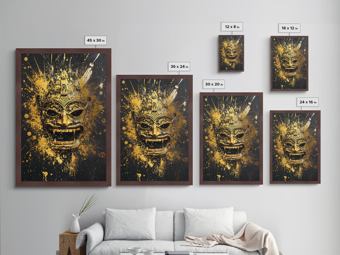 Balinese Demon Mask Metallic Gold Metal Print, Ornate Tribal Face Art, Mythical Splatter Style Wall Decor, Real Wood Frame