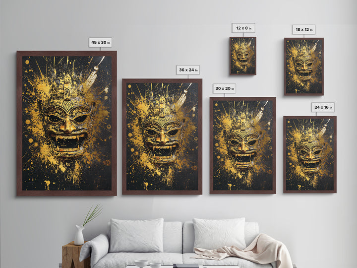 Balinese Demon Mask Metallic Gold Metal Print, Ornate Tribal Face Art, Mythical Splatter Style Wall Decor, Real Wood Frame