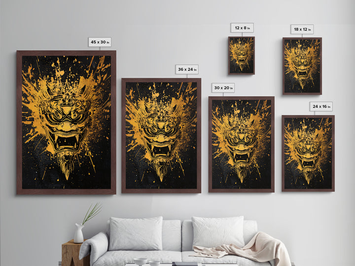 Balinese Spirit Mask Metallic Gold Metal Print, Ornate Tribal Face Artwork, Cultural Mythic Wall Decor, Real Wood Frame