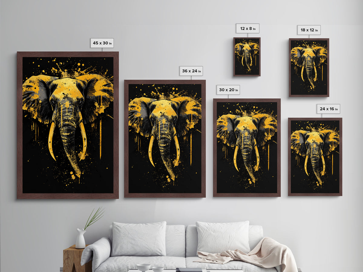 Elephant Head Metallic Gold Metal Print, Splatter Style Wildlife Artwork, Majestic Animal Wall Decor, Real Wood Frame