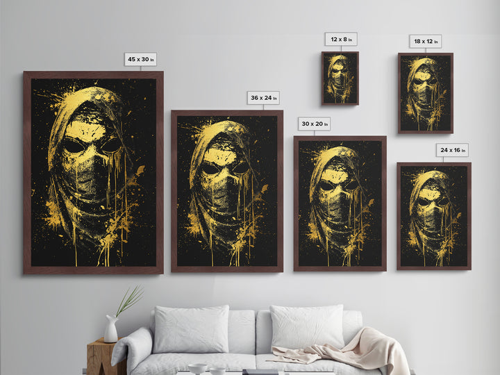 Hooded Tribal Figure Metallic Gold Metal Print, Splatter Style Mask Art, Spiritual Warrior Artwork, Real Wood Frame Bold Wall Decor
