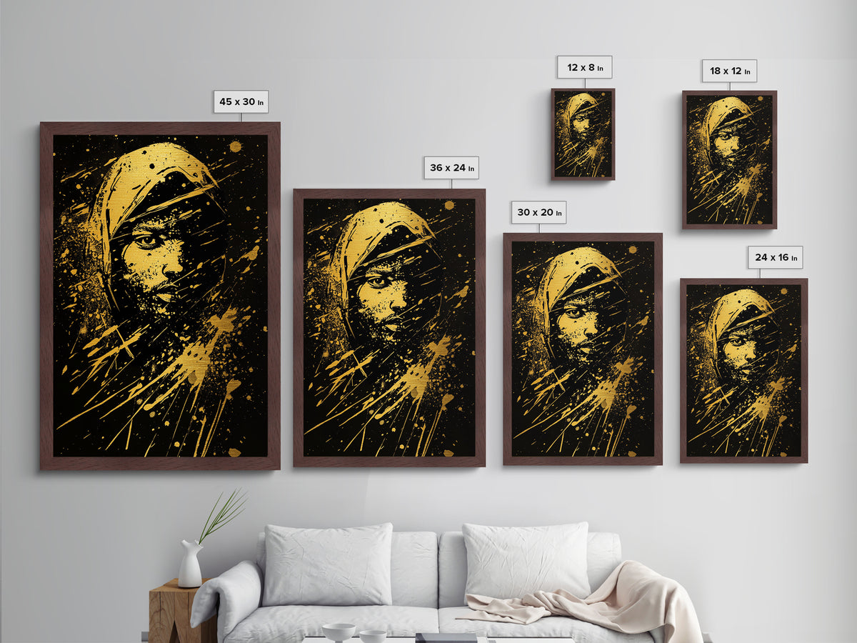 Golden Veiled Portrait Metallic Gold Metal Print, Abstract Female Art, Splatter Style Ethereal Face Artwork, Real Wood Frame Decor