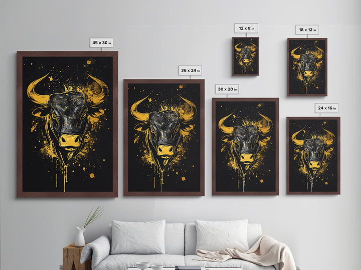 Powerful Bull Head Metallic Gold Metal Print, Abstract Splatter Animal Art, Bold Strength Symbol Artwork, Real Wood Frame Wall Decor