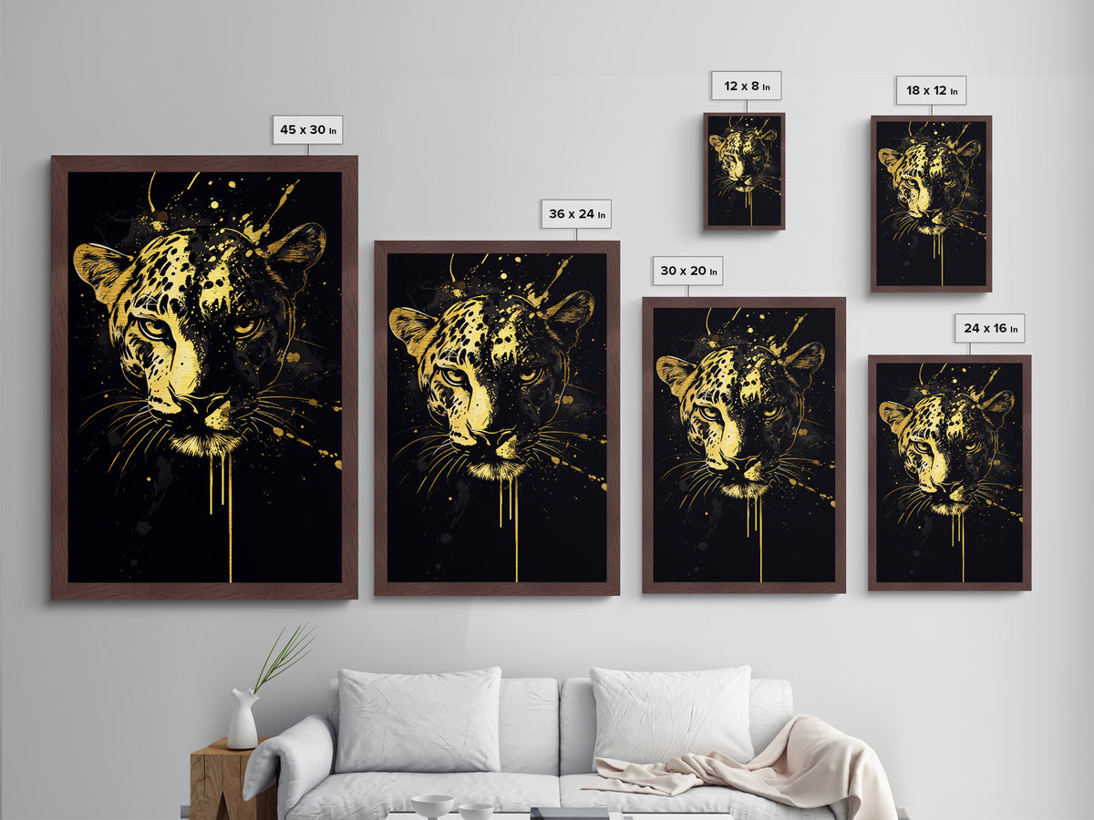 Wild Leopard Face Metallic Gold Metal Print, Bold Animal Portrait Art, Tribal Splatter Style Wall Artwork, Real Wood Frame Home Decor