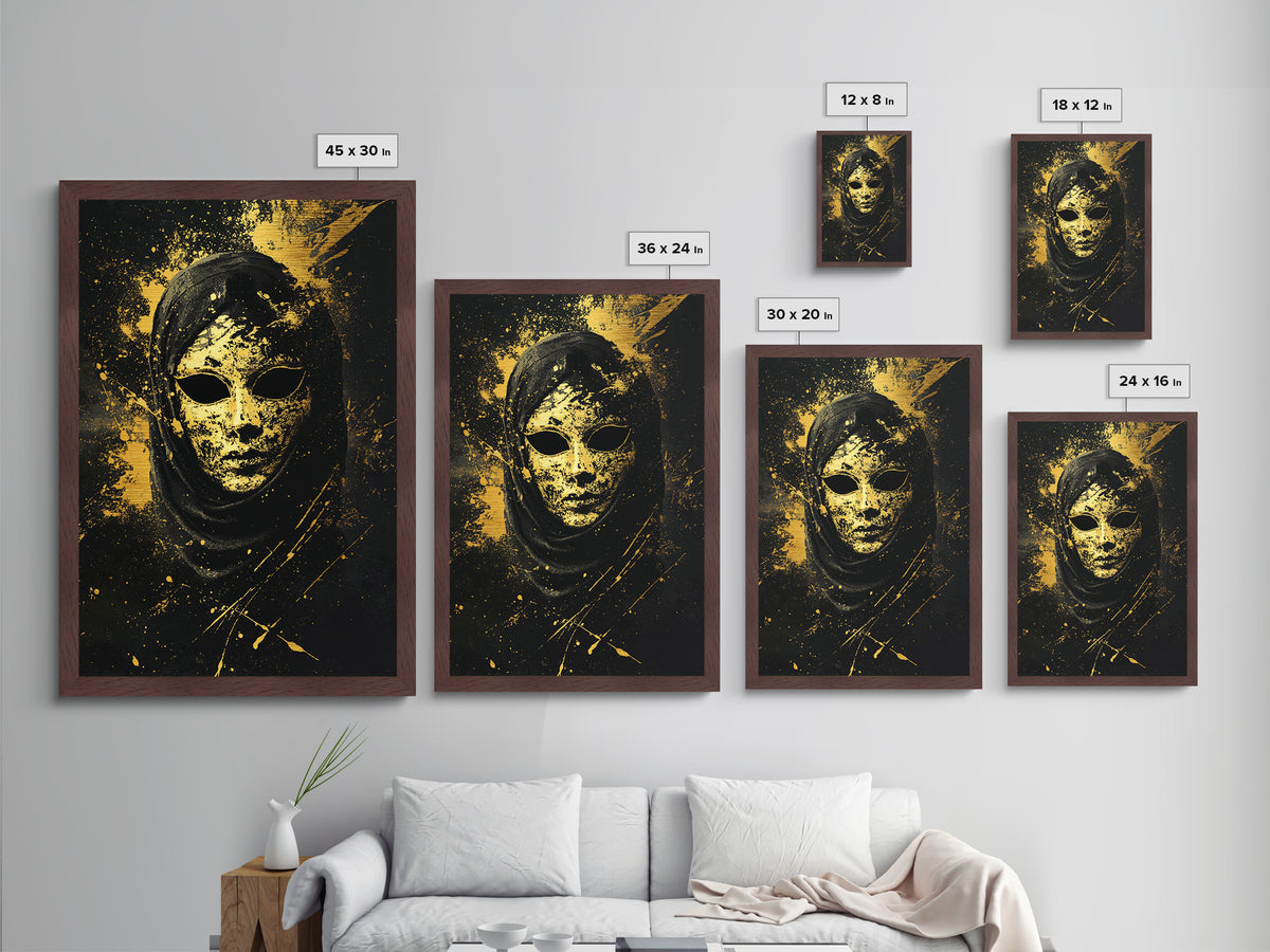 Mysterious Veiled Mask Metallic Gold Metal Print, Splatter Style Female Portrait, Abstract Ethereal Face Artwork, Real Wood Frame Decor