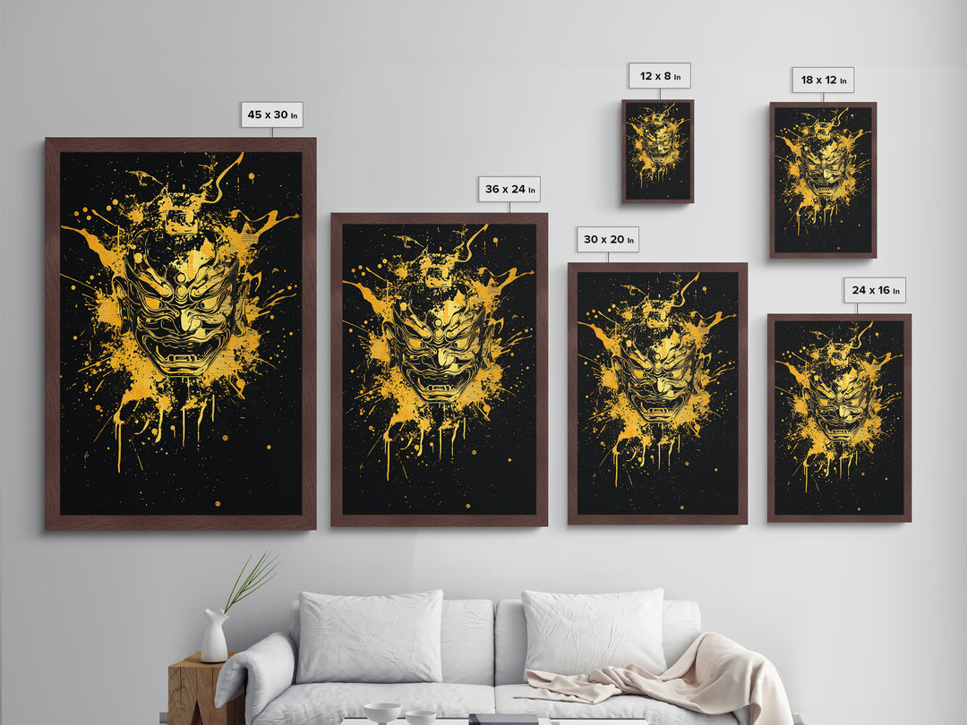 Oni Demon Mask Metallic Gold Metal Print, Japanese Mythology Inspired Art, Splatter Style Wall Decor, Real Wood Frame