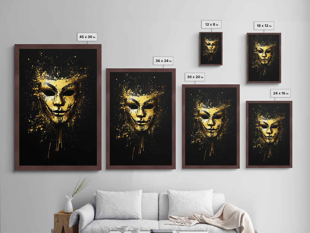 Abstract Painted Mask Metallic Gold Metal Print, Modern Face Art, Bold Splatter Style Wall Decoration, Real Wood Frame
