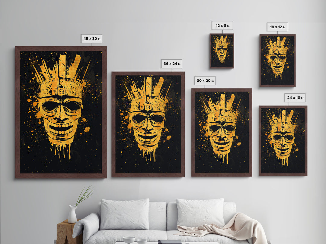 Ancient Warrior Mask Metallic Gold Metal Print, Tribal Armor Inspired Face Art, Bold Splatter Wall Decor, Real Wood Frame