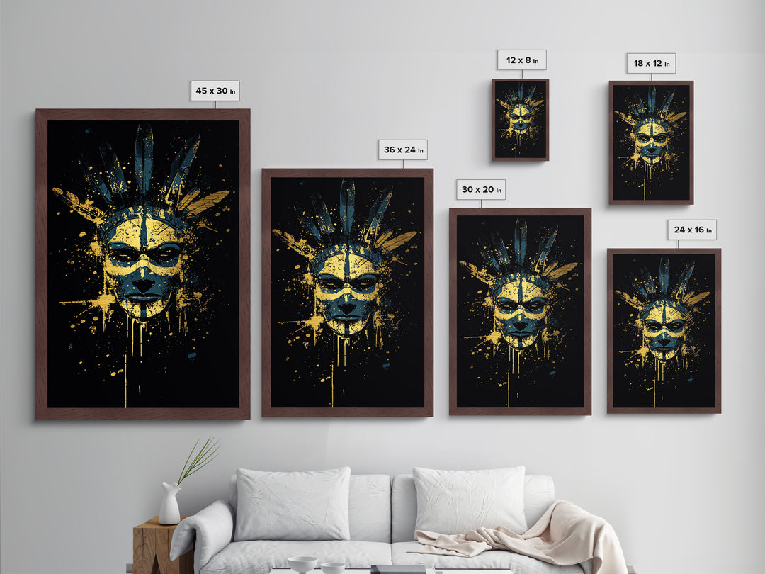 Tribal Feather Mask Metallic Gold Metal Print, Abstract Splatter Mask Wall Art, Real Wood Frame, Modern Ethnic Home Decor