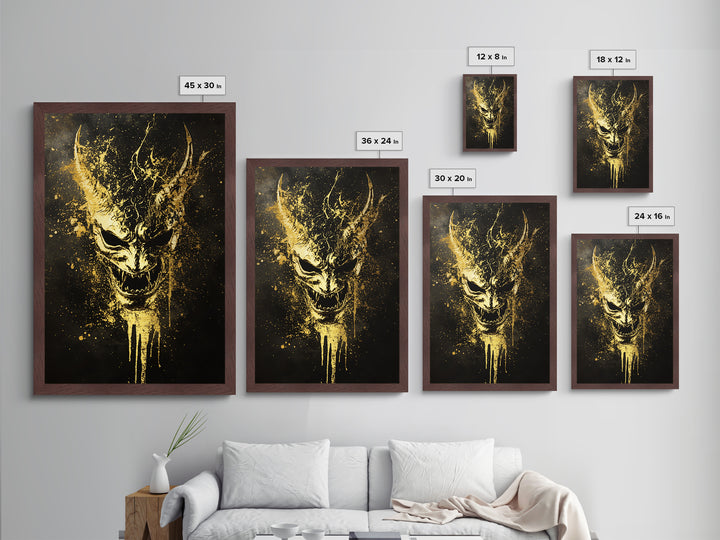 Oni Demon Mask Metallic Gold Metal Print, Japanese Mythology Wall Art, Real Wood Frame, Bold Samurai Mask Artwork
