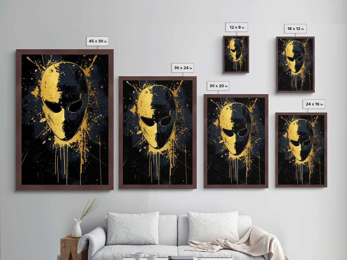 Minimalist Mask Metallic Gold Metal Print, Abstract Splatter Face Wall Art, Real Wood Frame, Contemporary Mask Decor