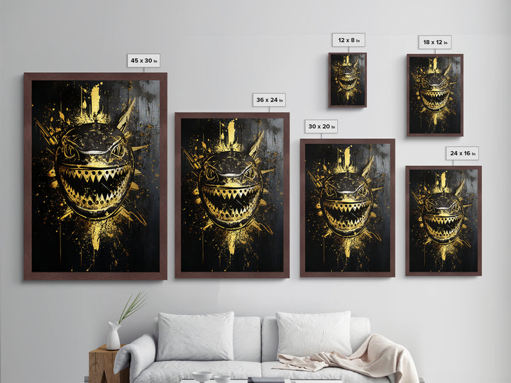 Shark Splatter Metallic Gold Metal Print, Abstract Ocean Predator Wall Art, Real Wood Frame, Bold Modern Sea Life Artwork