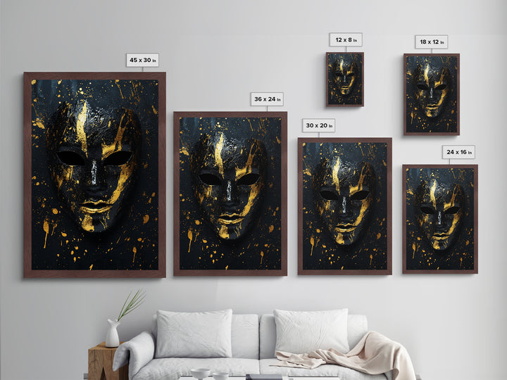 Abstract Mask Metallic Gold Metal Print, Contemporary Splatter Face Wall Art, Real Wood Frame, Modern Tribal Mask Decor
