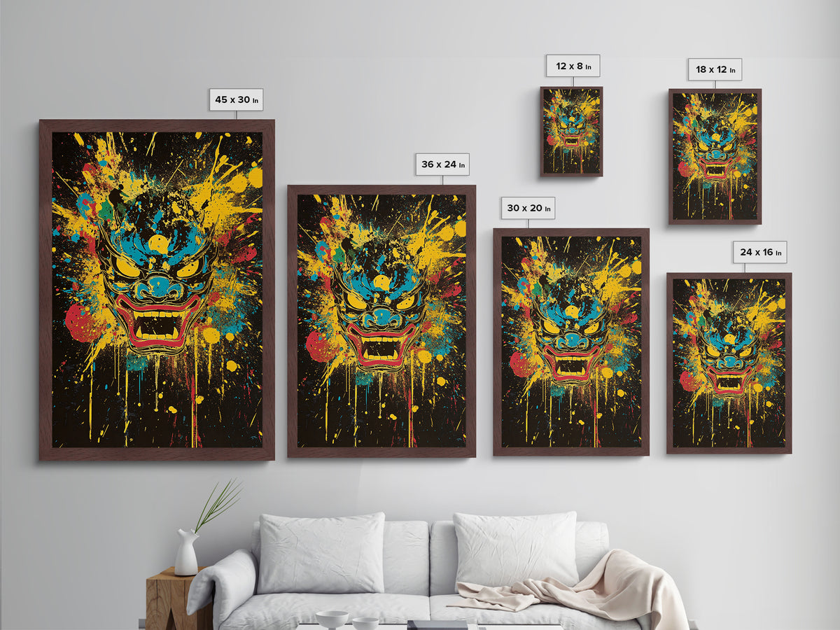 Demonic Horn Mask Metallic Gold Metal Print, Gothic Wall Art, Dark Splatter Painting, Real Wood Frame, Bold Statement Decor