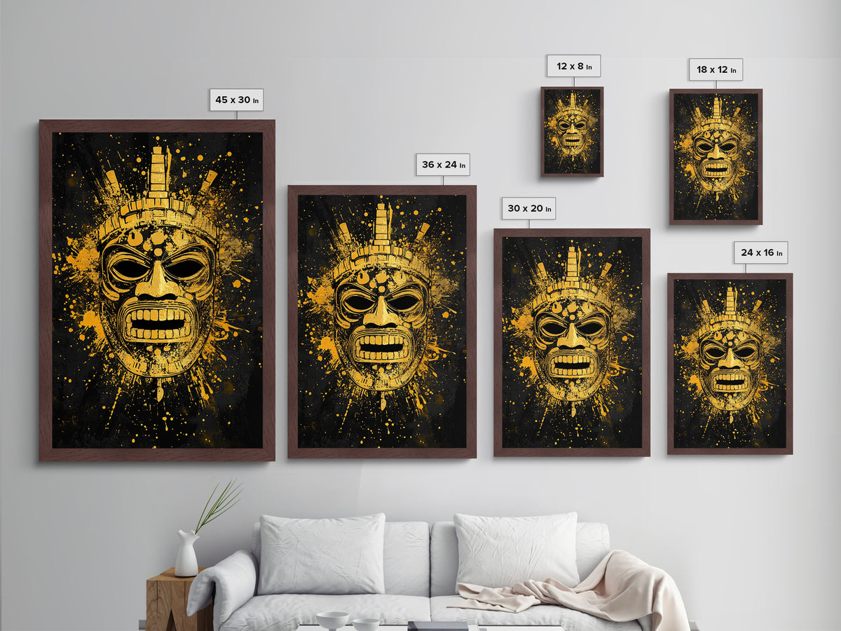 Abstract Alien Mask Metallic Gold Metal Print, Futuristic Splatter Art, Minimalist Wall Art, Real Wood Frame, Modern Home Decor