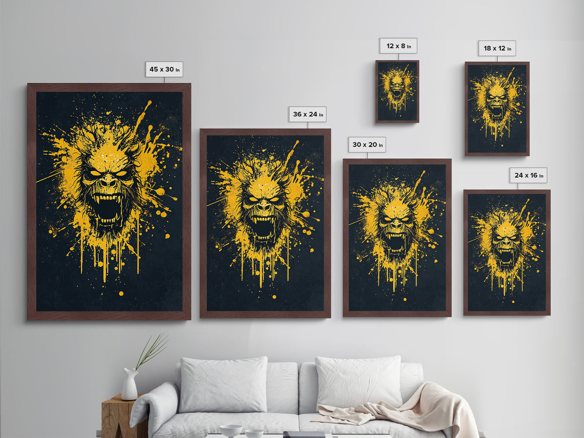 Bear Face Metallic Gold Metal Print, Animal Splatter Art, Fierce Wildlife Wall Decor, Real Wood Frame, Modern Bold Statement Art