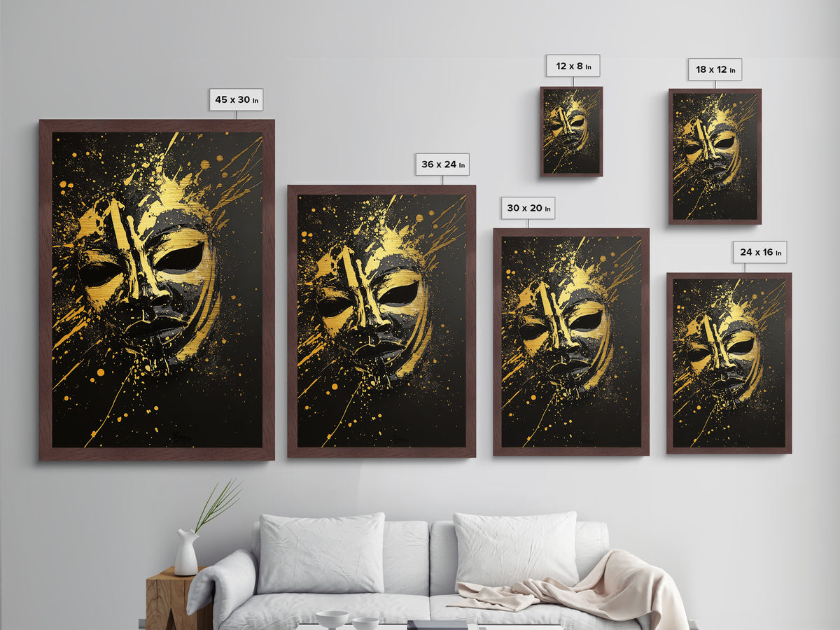 Samurai Oni Mask Metallic Gold Metal Print, Japanese Splatter Artwork, Warrior Wall Art, Real Wood Frame, Bold Cultural Decor