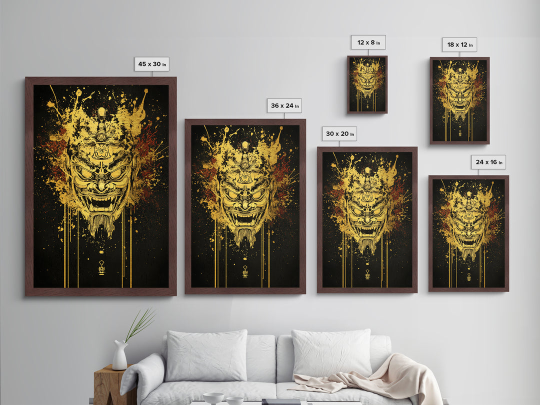 Tibetan Demon Mask Metallic Gold Metal Print, Spiritual Wall Art, Fierce Mythical Face Art, Real Wood Frame, Bold Statement Decor