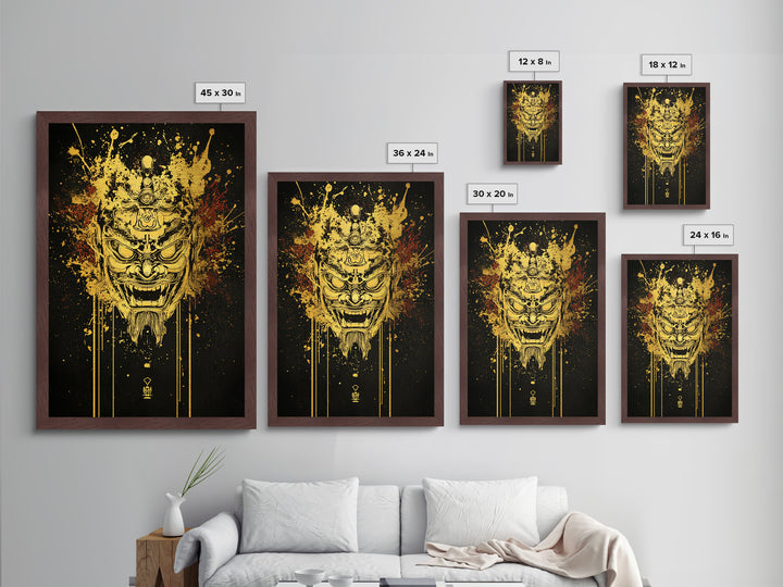 Tibetan Demon Mask Metallic Gold Metal Print, Spiritual Wall Art, Fierce Mythical Face Art, Real Wood Frame, Bold Statement Decor