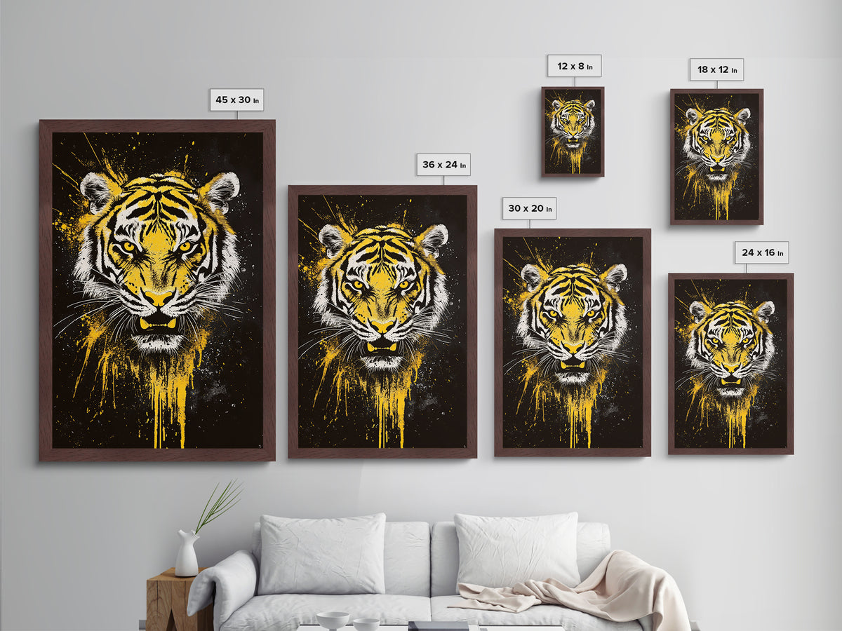 Tiger Face Metallic Gold Metal Print, Wildlife Wall Art, Jungle Animal Artwork, Real Wood Frame, Fierce Predator Home Accent