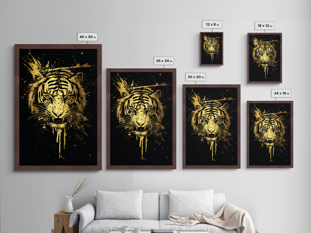 Tiger Head Metallic Gold Metal Print, Fierce Jungle Cat Wall Art, Animal Spirit Artwork, Real Wood Frame, Powerful Wildlife Home Decor