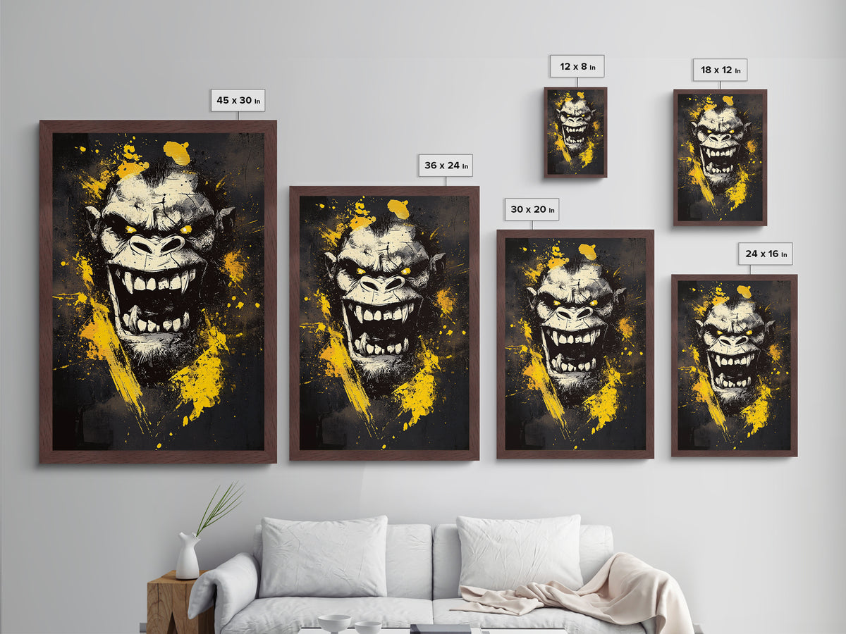 Gorilla Face Metallic Gold Metal Print, Wild Splatter Art, Bold Jungle Wall Decor, Fierce Animal Artwork, Real Wood Framed