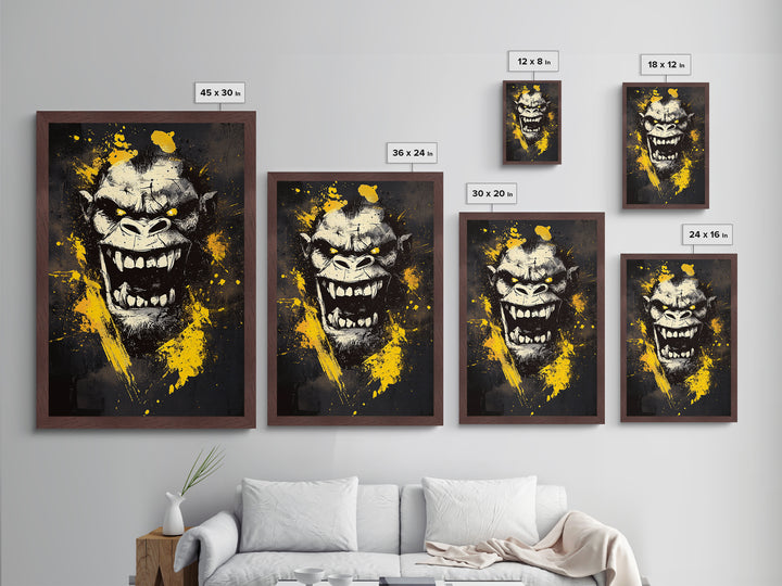 Gorilla Face Metallic Gold Metal Print, Wild Splatter Art, Bold Jungle Wall Decor, Fierce Animal Artwork, Real Wood Framed
