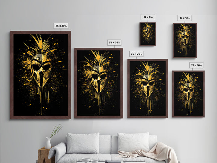 Tribal Warrior Mask Metallic Gold Metal Print, African Inspired Splatter Art, Bold Tribal Wall Decor, Fierce Artwork, Real Wood Framed