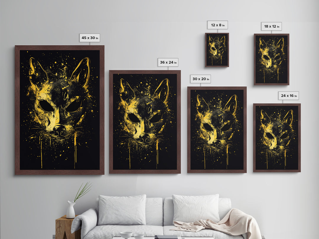 Cat Mask Metallic Gold Metal Print, Mystical Splatter Art, Animal Spirit Wall Decor, Unique Feline Artwork, Real Wood Framed