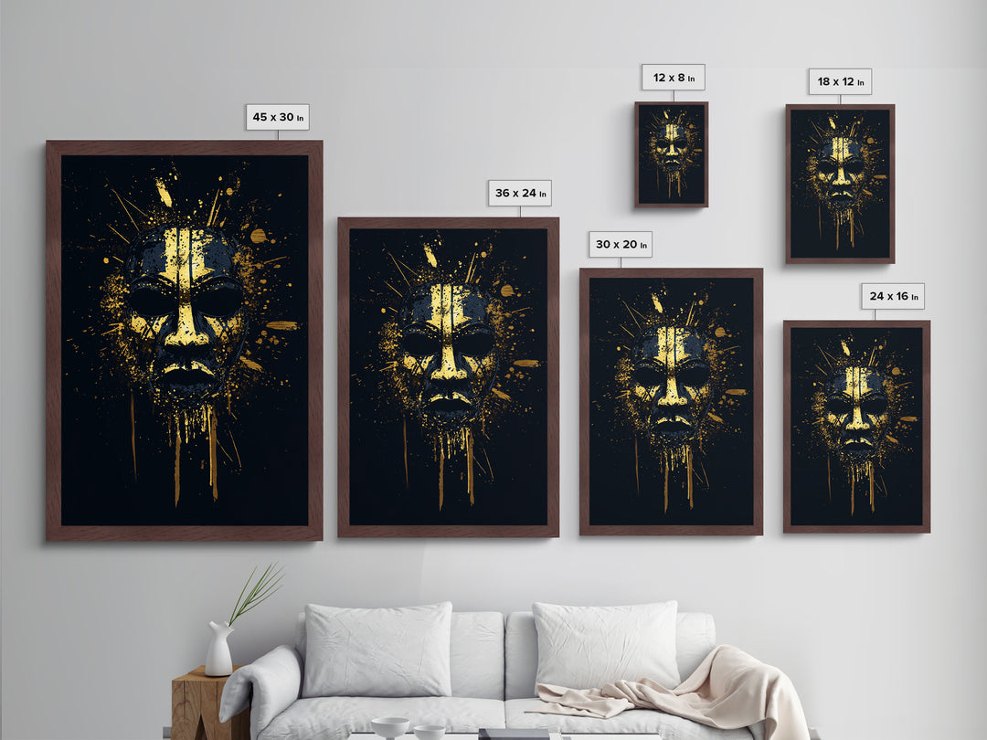Tribal Splatter Mask Metallic Gold Metal Print, Bold Cultural Art, Unique Splatter Wall Decor, Ethnic Mask Artwork, Real Wood Framed