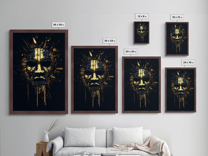 Tribal Splatter Mask Metallic Gold Metal Print, Bold Cultural Art, Unique Splatter Wall Decor, Ethnic Mask Artwork, Real Wood Framed