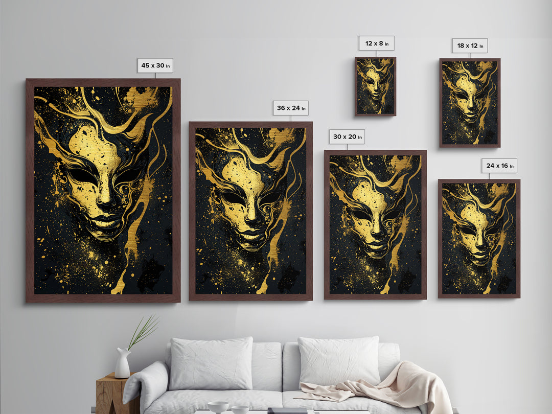 Abstract Face Mask Metallic Gold Metal Print, Surreal Splatter Art, Bold Modern Wall Decor, Unique Artistic Artwork, Real Wood Framed