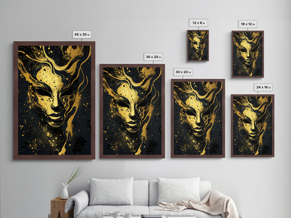 Abstract Face Mask Metallic Gold Metal Print, Surreal Splatter Art, Bold Modern Wall Decor, Unique Artistic Artwork, Real Wood Framed