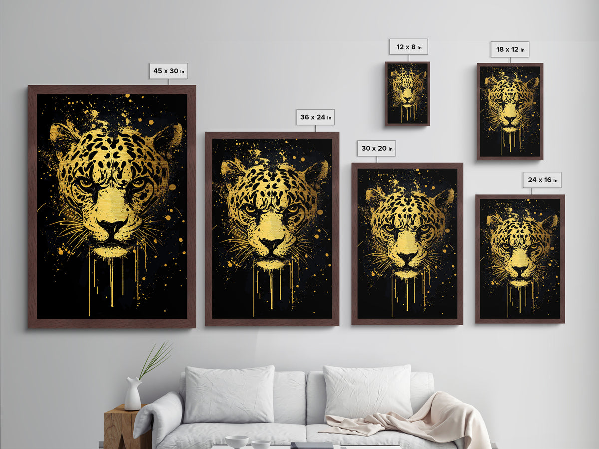 Leopard Head Metallic Gold Metal Print, Jungle Cat Wall Art, Animal Spirit Decor, Real Wood Framed Fierce Modern Artwork