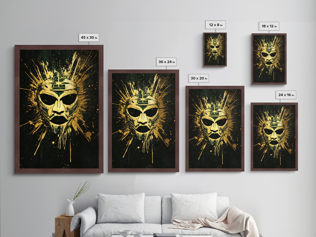 Ancient Warrior Mask Metallic Gold Metal Print, Mythology Wall Decor, Spiritual Protection Art, Real Wood Framed Artwork