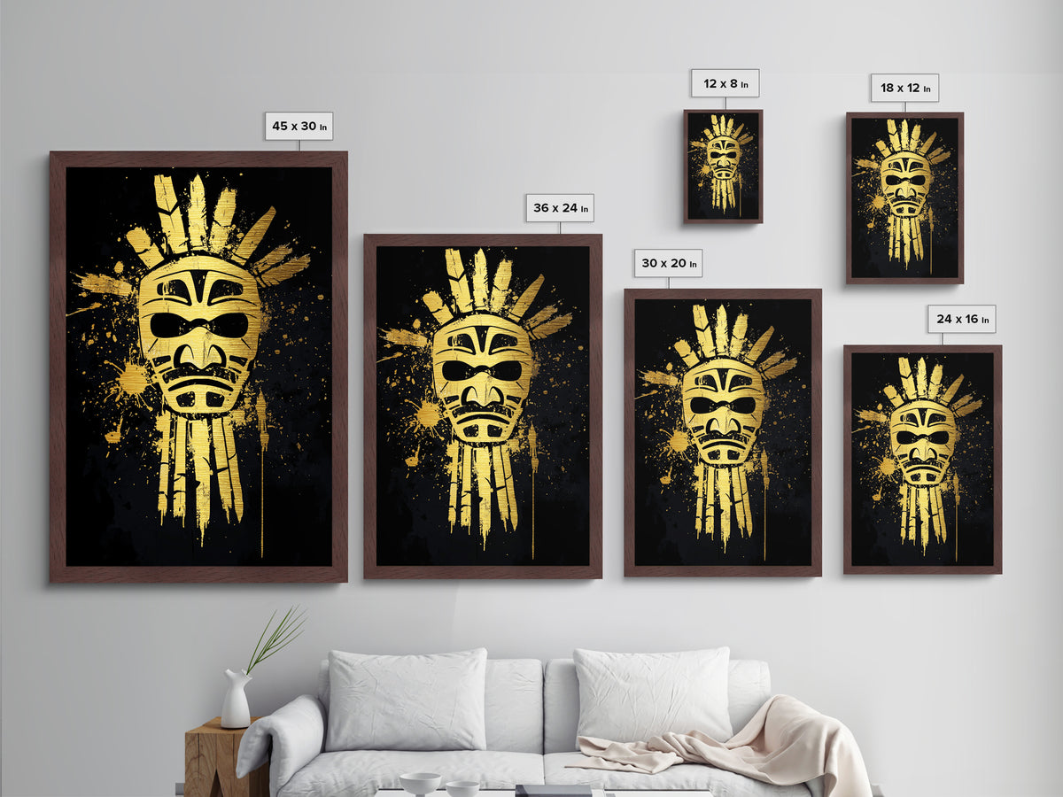 Tribal Sun Mask Metallic Gold Metal Print, Ancestral Wall Art, Sacred Symbol Decor, Real Wood Framed Mystical Gold Artwork