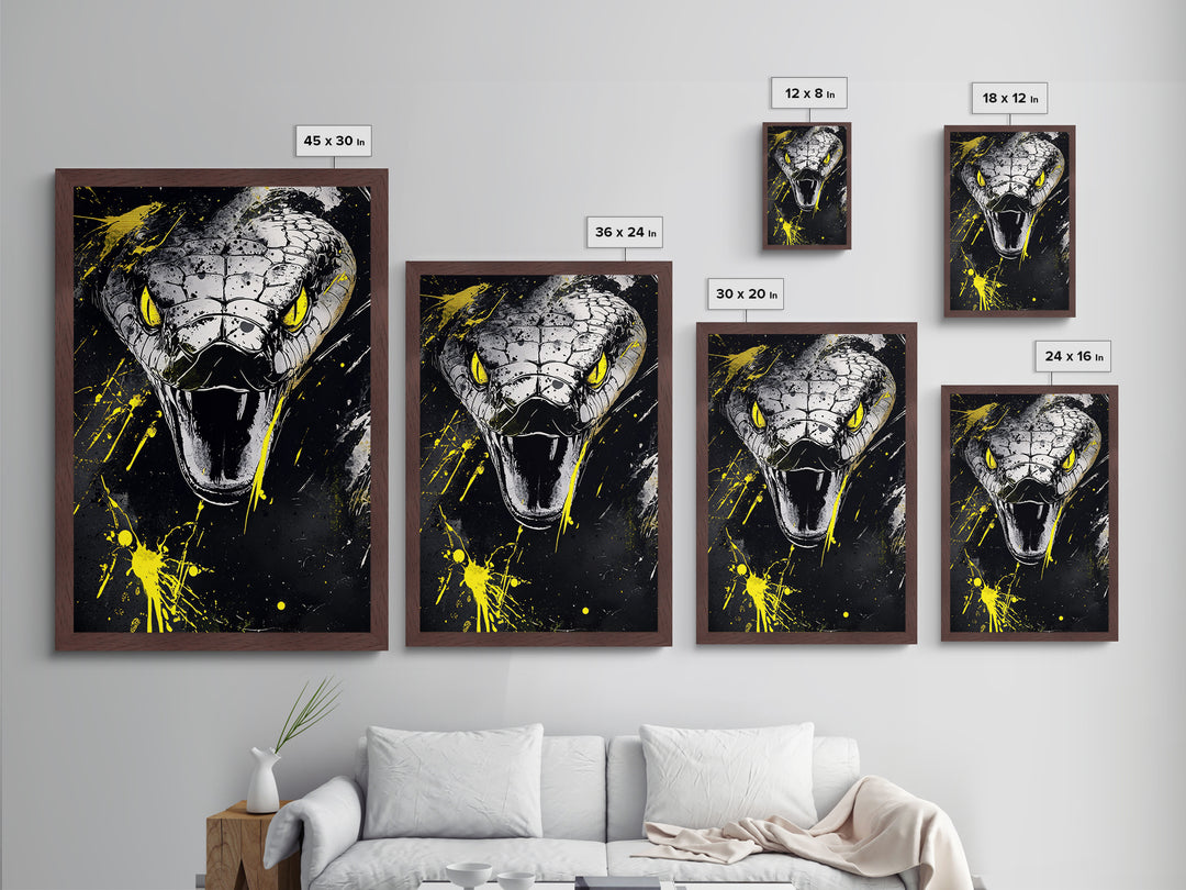 Viper Snake Metallic Gold Metal Print, Venomous Reptile Art, Bold Splatter Wall Decor, Real Wood Frame, Fierce Snake Artwork