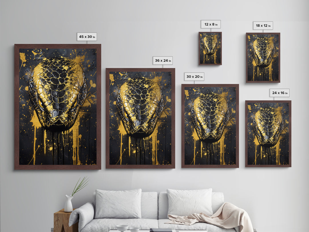 Python Snake Metallic Gold Metal Print, Tribal Reptile Art, Bold Metal Wall Decor, Real Wood Frame, Splatter Animal Artwork