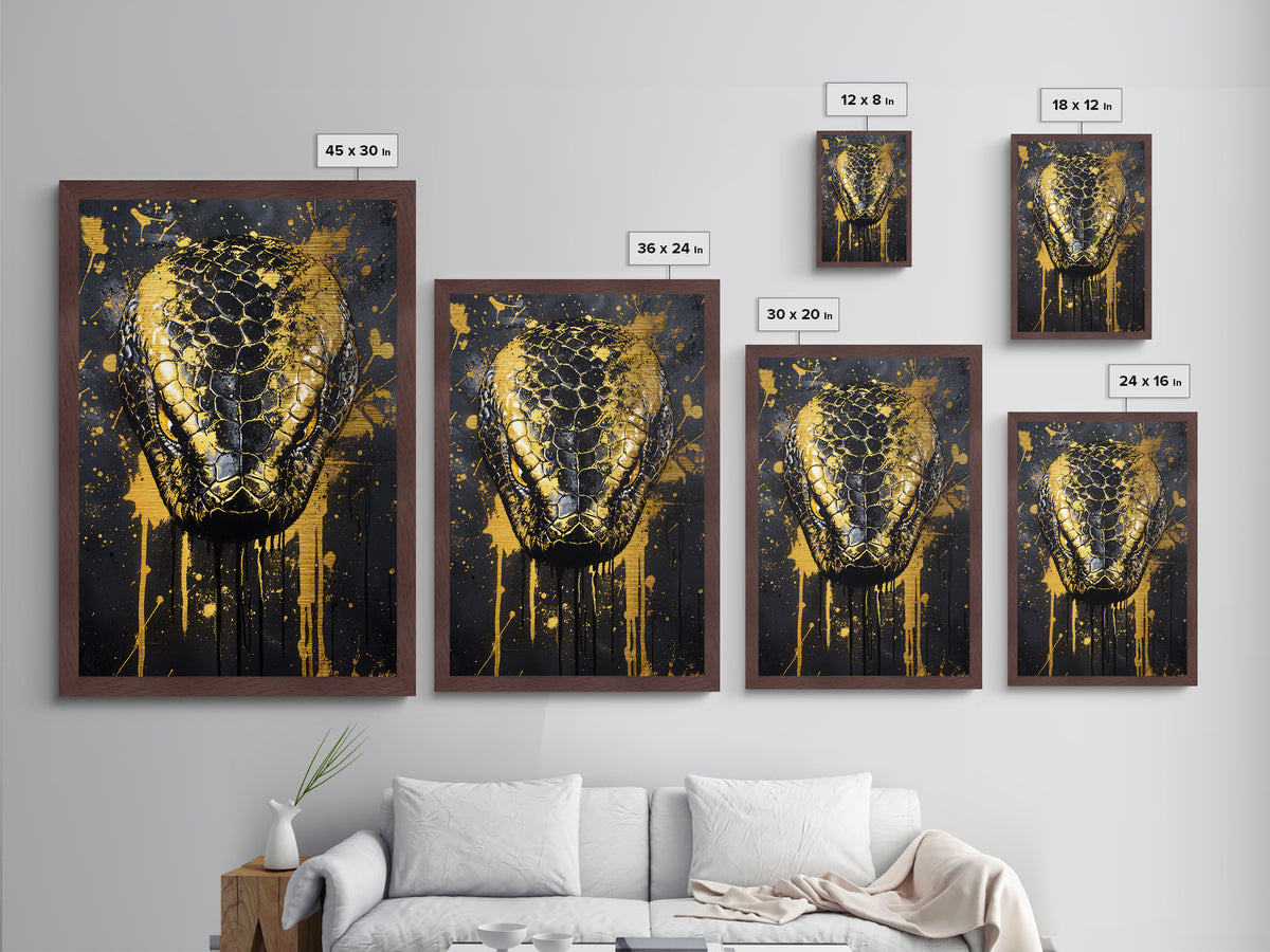 Python Snake Metallic Gold Metal Print, Tribal Reptile Art, Bold Metal Wall Decor, Real Wood Frame, Splatter Animal Artwork