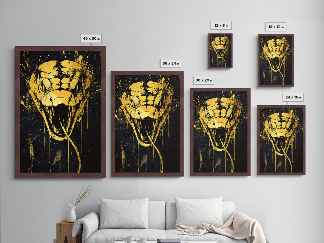 Cobra Head Metallic Gold Metal Print, Fierce Snake Art, Splatter Style Metal Decor, Real Wood Frame, Bold Animal Statement Artwork