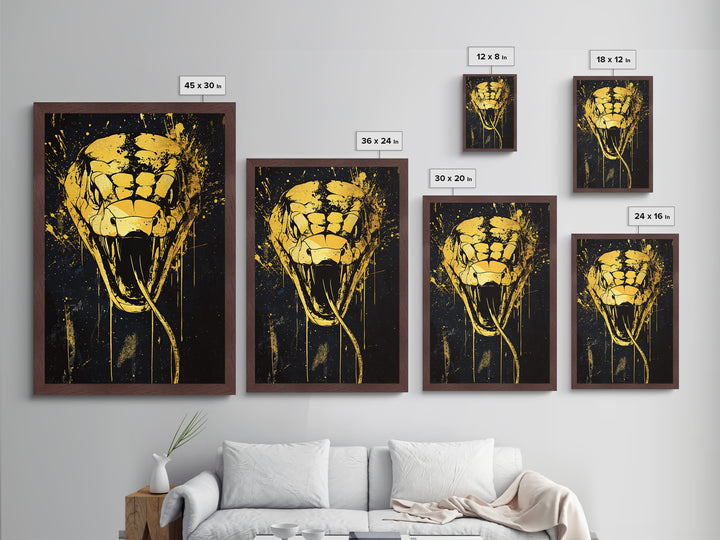 Cobra Head Metallic Gold Metal Print, Fierce Snake Art, Splatter Style Metal Decor, Real Wood Frame, Bold Animal Statement Artwork