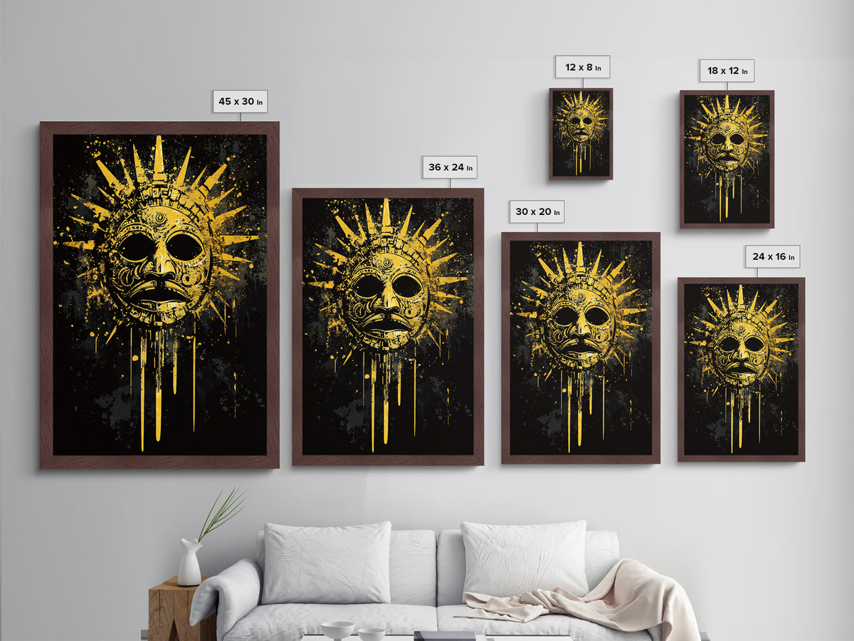 Aztec Sun God Mask Metallic Gold Metal Print, Tribal Wall Art With Real Wood Frame, Ancient Culture Decor, Bold Artwork