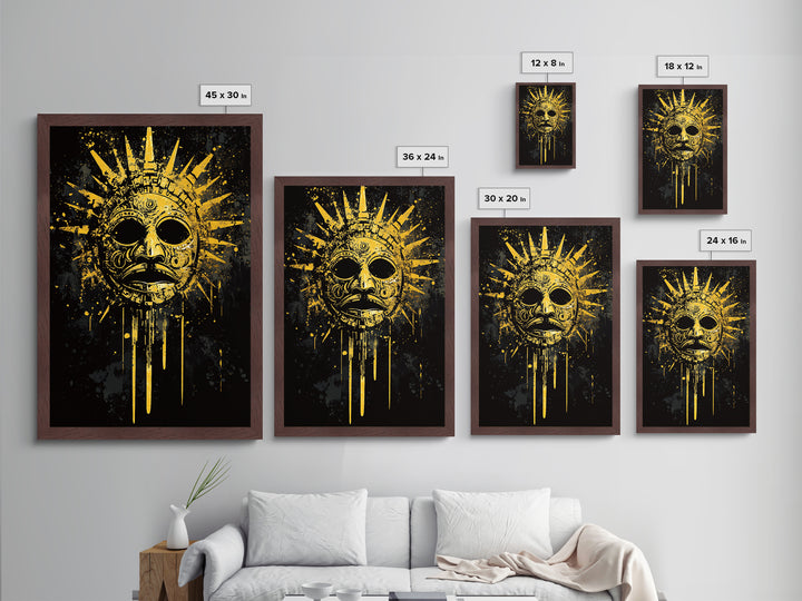 Aztec Sun God Mask Metallic Gold Metal Print, Tribal Wall Art With Real Wood Frame, Ancient Culture Decor, Bold Artwork