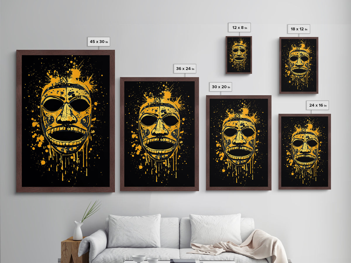 Traditional Tribal Mask Metallic Gold Metal Print, Splatter Style Wall Art With Real Wood Frame, Cultural Decor Accent