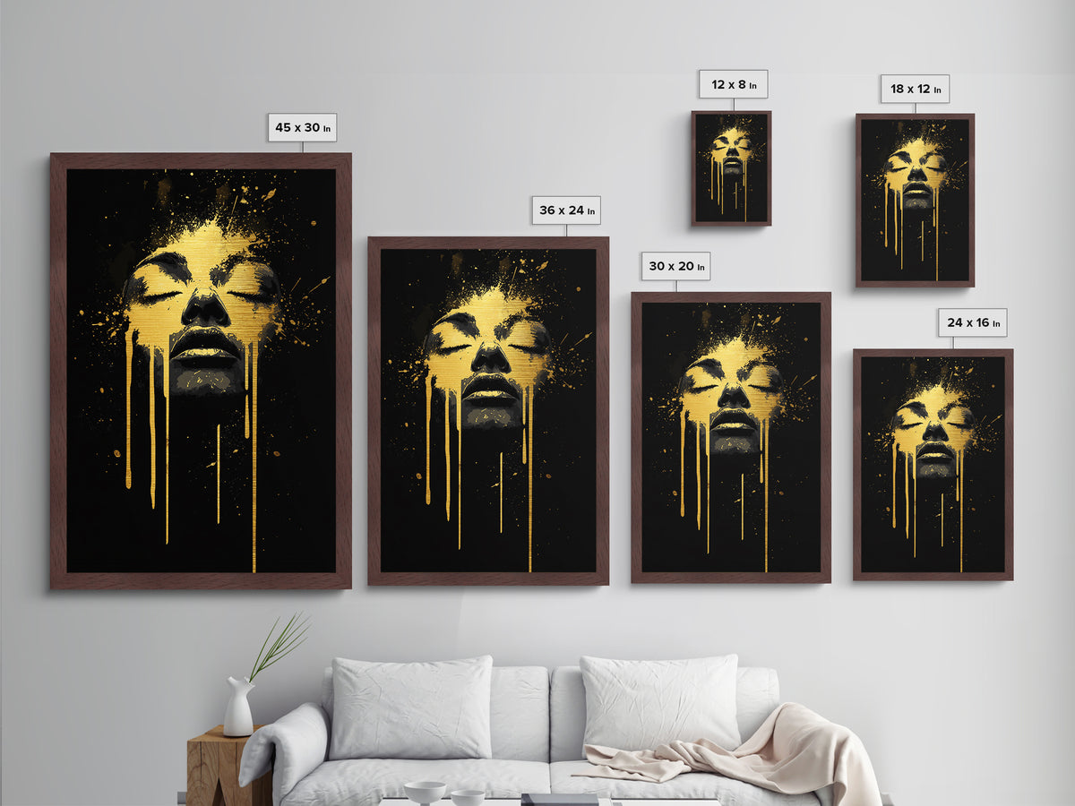 Golden Face Metallic Gold Art, Modern Wall Print With Real Wood Frame, Abstract Portrait, Splatter Style Cultural Decor