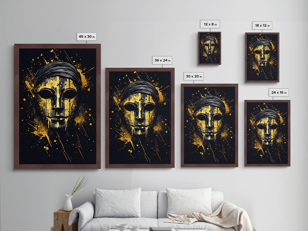 Classic Tribal Mask Metallic Gold Metal Print, Bold Ethnic Wall Art With Real Wood Frame, Splatter Style Cultural Decor